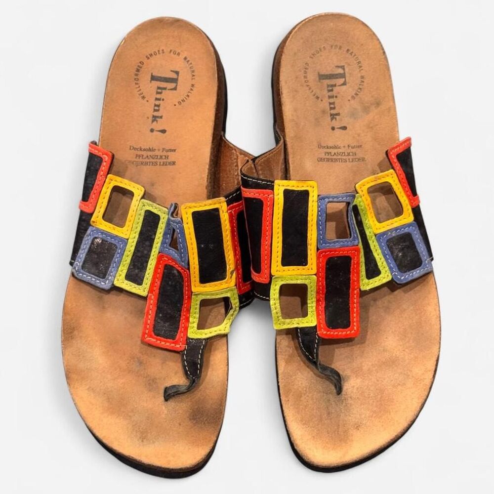 Think! sandals with multicolored rectangular straps red, yellow, blue, and black